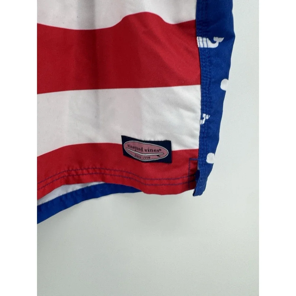 Vineyard Vines Men's Swim Shorts XXL USA Whale Striped Red White Blue Drawstring